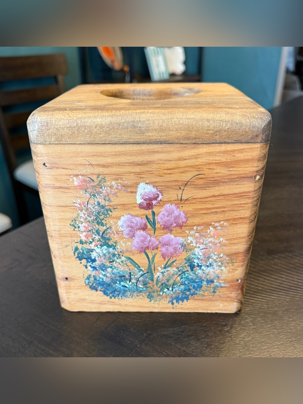 Vintage Wooden Tissue Box Holder Handpainted Heart Shaped Rustic